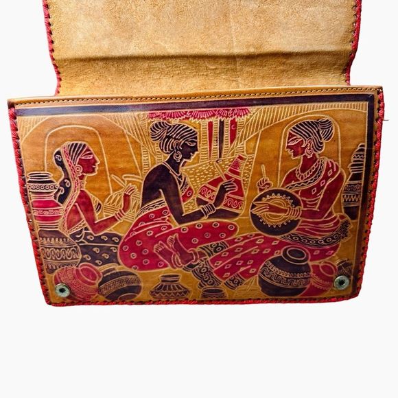 Vintage Hand-tooled Brown Leather Cluth Bag With Tribal Ladies Design - Picture 7 of 11